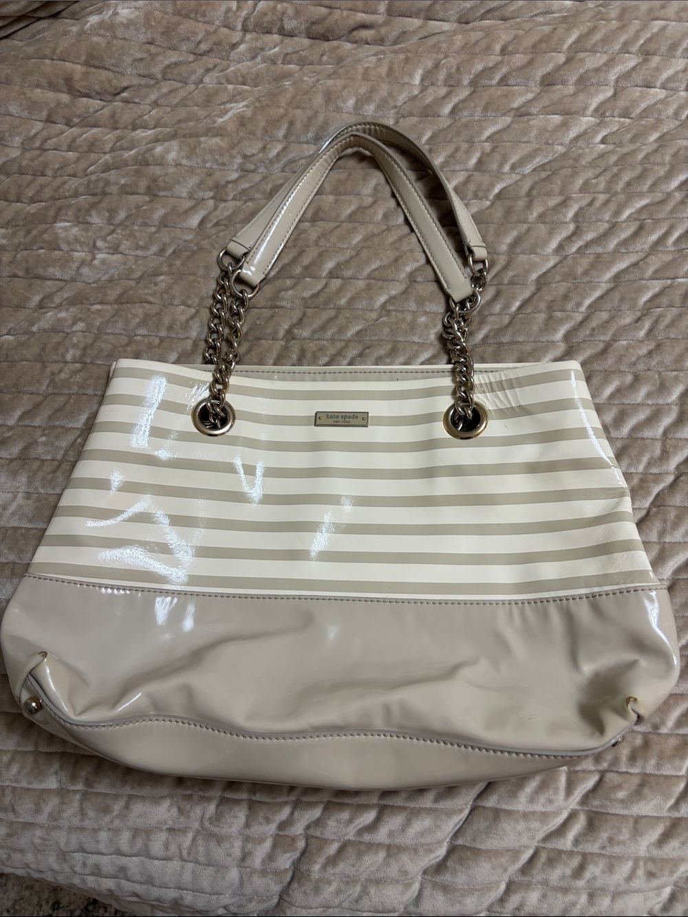 kate spade Beige and Cream Striped Patent Tote with Chain Handles